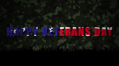 Ordu kamuflajının üzerinde Amerikan bayrağı olan Mutlu Gaziler Günü 'nün animasyonu. Amerikan ordusu ve vatanseverlik kavramı dijital olarak oluşturuldu.