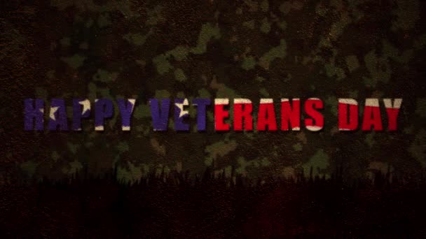 ハッピー 退役軍人の日 という言葉のアニメでは 軍の迷彩を背景にアメリカ国旗が描かれている アメリカ軍と愛国心の概念デジタルで生成されたイメージ — ストック動画