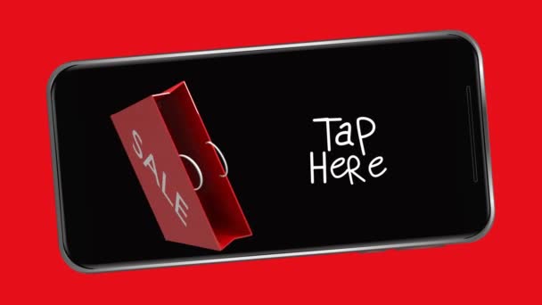 言葉のアニメーションタップここでは 赤い背景に単語セールと赤い袋の絵文字でスマートフォンの画面上でちらつきます コミュニケーションと接続の概念デジタル生成された画像 — ストック動画