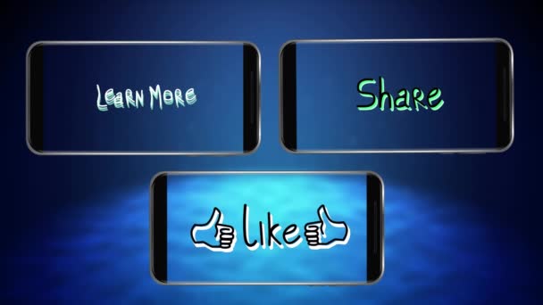 Animation Words Learn More Share Villogó Képernyők Három Okostelefonok Fekete — Stock videók