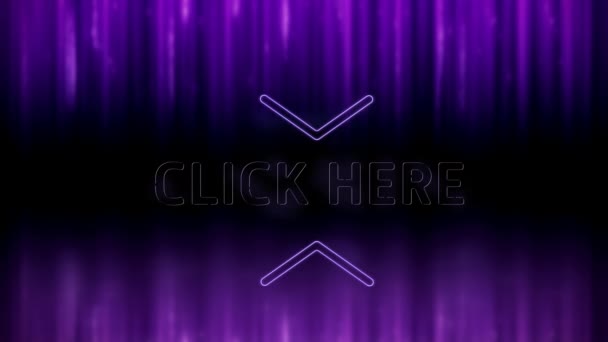 Анімація Неонових Слів Клацніть Тут Стрілки Мерехтячи Темно Фіолетовому Тлі — стокове відео