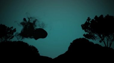 Siyah duman bombası animasyonu, mavi gökyüzünde beliren siyah duman bulutu ve arka planda siyah siluetli ağaçlar. Hareket ve renk kavramı dijital olarak oluşturuldu.