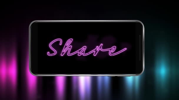 言葉のアニメーション紫色の背景にスマートフォンの画面上でちらつき 共有します コミュニケーションと接続の概念デジタル生成された画像 — ストック動画