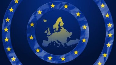 Mavi daireler üzerinde sarı yıldızlı Avrupa Birliği bayrağının animasyonu ve mavi arka planda Avrupa haritası. Avrupa toplumu konsepti dijital olarak oluşturulmuş görüntü.
