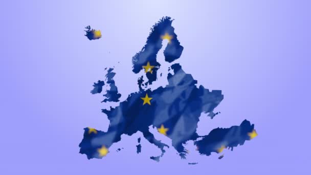 Animation of European Union flag with yellow stars turning in circle on blue map of Europe on blue background. European community concept digitally generated image.