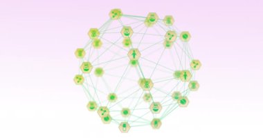 Beyaz arkaplanda dönen dünyayı oluşturan dijital yeşil medikal simgelerle bağlantı ağının canlandırılması.