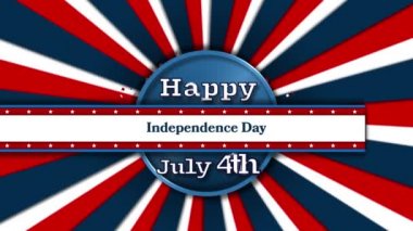 Metnin animasyonu Mutlu 4 Temmuz mavi çemberde kırmızı, mavi ve beyaz kuşak üzerine kırmızı, mavi ve beyaz konfeti üzerine kırmızı ve beyaz dijital kompozisyon üzerine düşen Bağımsızlık Günü metniyle