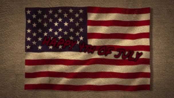 手写体动画7月4日快乐 美国国旗飘扬在背景数字作文上 — 图库视频影像