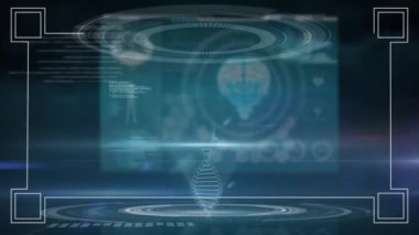 Siyah arkaplan üzerine bilgi ve istatistiklerle bir DNA türü ve veri işleme animasyonu. Dijital çevrimiçi güvenlik arayüzü kavramı dijital olarak oluşturuldu