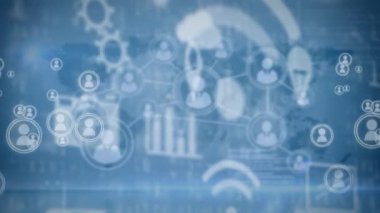 Veri işleme animasyonu, bağlantı ağı ve mavi arka planda bir dünya haritasında yüzen ikonlar. Dijital çevrimiçi güvenlik arayüzü kavramı dijital olarak oluşturuldu