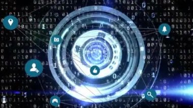 Veri işleme animasyonu, siyah bir arkaplanda daireler üzerinde yüzen bağlantılar ve simgeler ağı. Dijital çevrimiçi güvenlik arayüzü kavramı dijital olarak oluşturuldu