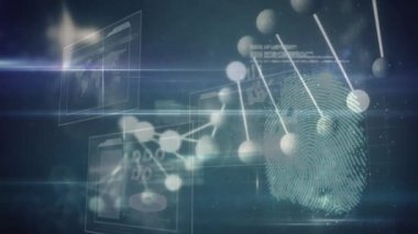 Mavi arka planda parmak izi ve veri işleme üzerinde dönen bir DNA türünün animasyonu. Dijital çevrimiçi güvenlik arayüzü kavramı dijital olarak oluşturuldu