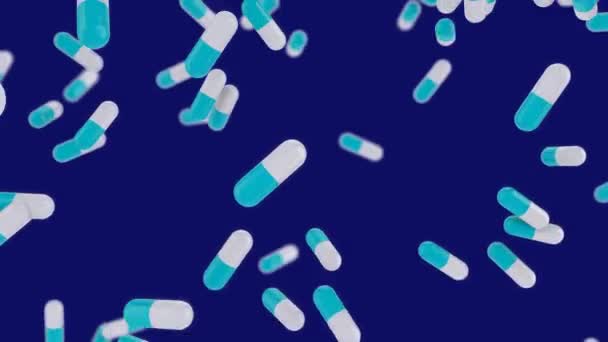 青い背景に落ちる複数の青と白の錠剤のアニメーション デジタルオンラインセキュリティコンピュータインターフェースの概念デジタル生成 — ストック動画