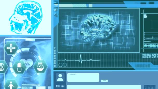 回転する3D人間の脳モデル 心臓グラムとデジタルアイコンのアニメーション デジタルオンラインセキュリティコンピュータインターフェースの概念デジタル生成 — ストック動画