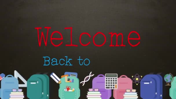 텍스트 애니메이션 Welcome Back School Multiple Backpack School Equipment 컨셉트 — 비디오