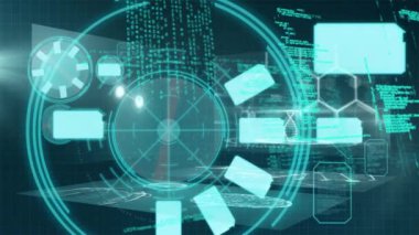 Veri işleme üzerinde yüzen dairelerin animasyonu ve mavi arkaplanda numaralar. Dijital çevrimiçi güvenlik arayüzü kavramı dijital olarak oluşturuldu