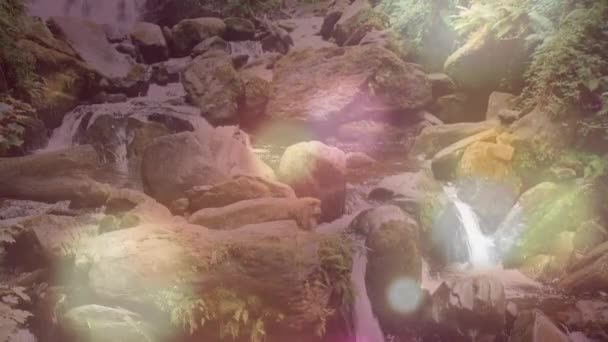 在森林中央一座富丽堂皇的山瀑布上漂浮着五彩缤纷的动漫画面 清澈的水快速地落在数字的构图中 — 图库视频影像