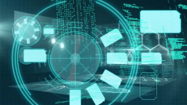 Animation de cercles flottant sur le traitement des données et des nombres sur un fond bleu. Concept d'interface numérique d'ordinateur de sécurité en ligne généré numériquement