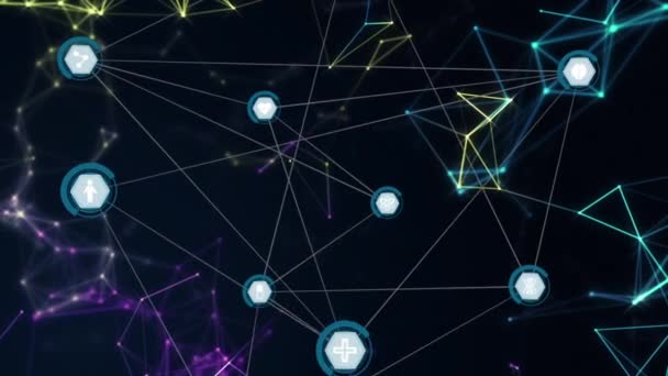 Animazione Rete Connessioni Con Icone Digitali Galleggianti Figure Geometriche Sfondo — Video Stock