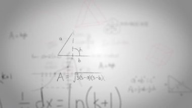 Beyaz arka planda hareket eden ve titreyen el yazısıyla yazılmış matematiksel formüllerin animasyonu. Bilim ve araştırma konsepti dijital olarak oluşturuldu.