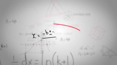 Beyaz zemin üzerinde hareket eden kırmızı el yazısıyla çizilmiş el yazısı matematiksel formüllerin animasyonu. Bilim ve araştırma konsepti dijital olarak oluşturuldu.