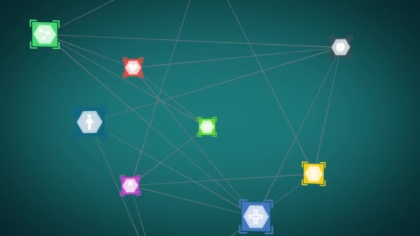 Animación Red Conexiones Con Iconos Digitales Flotando Sobre Fondo Verde — Vídeo de stock