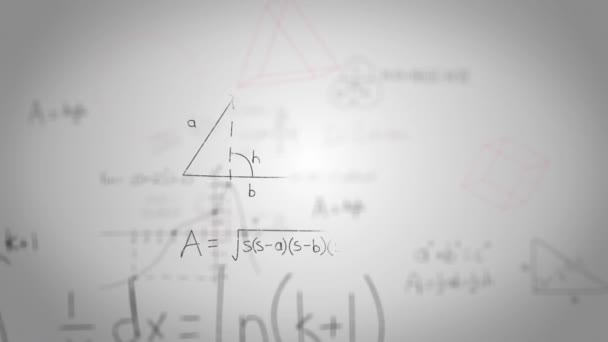 Animation de formules mathématiques manuscrites se déplaçant et scintillant sur fond blanc. Concept de science et de recherche image générée numériquement.