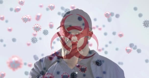 매크로 세포가 워키토키를 사용하여 떠다니는 신호를 애니메이션으로 코로나 바이러스 Covid — 비디오