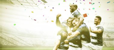 Çok ırklı rugby oyuncularından oluşan takım bir spor stadyumunda rugby oynuyor, takım elbisesi giyiyor, galibiyeti kutluyor, konfetilerin düşüşünü kutluyor, dijital kompozit.