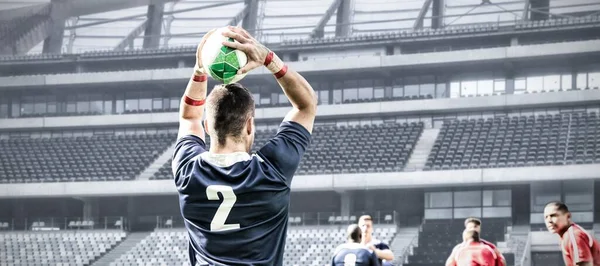 Deux Équipes Joueurs Rugby Multi Ethnique Jouant Rugby Dans Stade — Photo