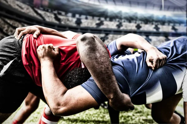 Duas Equipes Jogadores Rugby Multi Étnicos Jogando Rugby Estádio Esportes — Fotografia de Stock