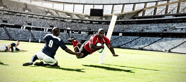 Deux Équipes Joueurs Rugby Multi Ethniques Jouant Rugby Dans Stade — Photo