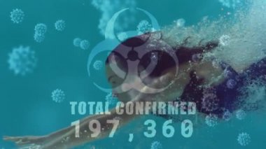 Kafkas kadın dalışının üzerinde yüzen makro Covid-19 hücreli Toplam sayının yükseldiği tehlike işaretinin canlandırılması. Coronavirus Covid-19 pandemik konsept dijital bileşik