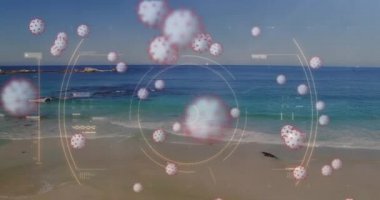 Uçan makro Covid-19 hücrelerinin animasyonu bir sahilin havadan görüntüsünü tarıyor. Coronavirus Covid-19 pandemik konsept dijital bileşik