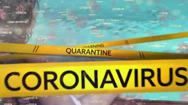 Covid-19 ve makro Covid-19 hücre simgeleriyle karantina koronavirüsü uyarısı içeren sarı polis bantlarının animasyonu. Coronavirus Covid-19 pandemik konsept dijital bileşik