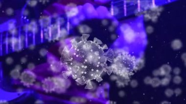 Gitar çalan birinin üzerinde süzülen makro Covid-19 hücrelerinin animasyonu. Coronavirus Covid-19 pandemik konsept dijital bileşik
