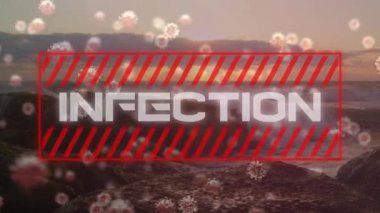 Kırmızı çerçeveli bir kelime enfeksiyonunun animasyonu. Covid-19 hücreleri plajda yüzüyor. Coronavirus Covid-19 pandemik konsept dijital bileşik