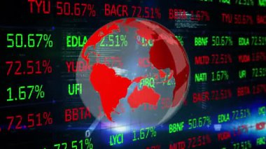 Kırmızı ve yeşil borsa verileri üzerinde veri işleme ile dönen kırmızı kürenin animasyonu mavi ve siyah arkaplan dijital bileşimi üzerinde bir ızgara üzerinde işleme