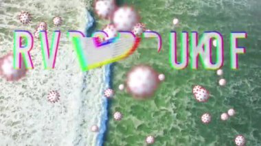 Denizin üzerinde yüzen makro Covid-19 hücreli karantina kelimesinin animasyonu. Coronavirus Covid-19 pandemik konsept dijital bileşik