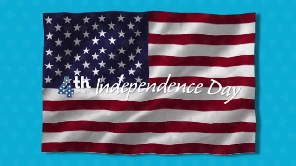 7月4日のテキストのアニメーション米国の国旗が青い背景に手を振っています アメリカ国旗独立記念日のコンセプトデジタル構成 — ストック動画