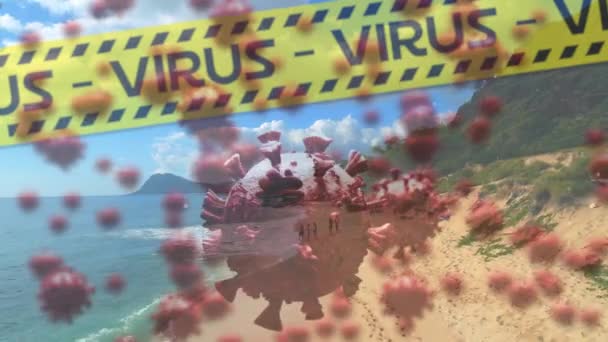 言葉で黒と黄色の警察のテープのアニメーションウイルス検疫とビーチに浮かぶマクロCovid 19細胞 コロナウイルスCovid 19パンデミックコンセプトデジタル複合体 — ストック動画