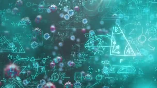 Animazione Macro Celle Covid Equazioni Formule Matematiche Galleggianti Sfondo Nero — Video Stock