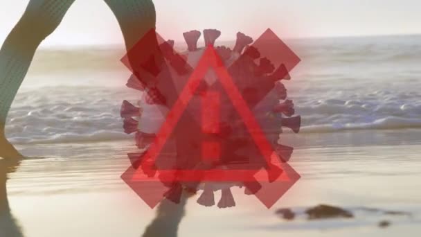 Анімація Попереджувального Знаку Червоним Хрестом Макро Коміркою Ковіда Над Людиною — стокове відео