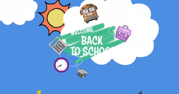 テキストのアニメーション青の背景に学校の機器と戻って学校へようこそ 学校のコンセプトに戻るデジタル組成物 — ストック動画