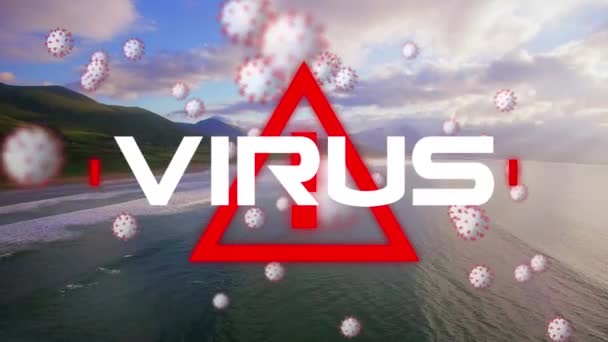 Animace Slova Virus Varovným Znamením Makrem Covid Buňky Vznášející Nad — Stock video