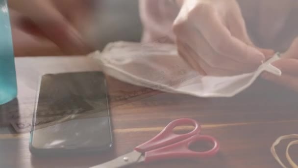 바느질하는 지폐를 사람의 애니메이션 코로나 바이러스 Covid 컨셉트 디지털 — 비디오