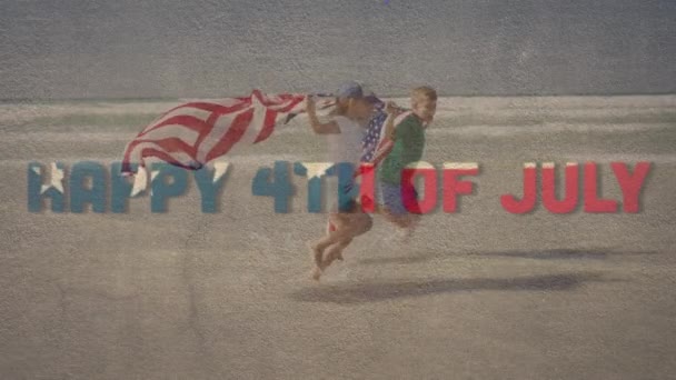 Animation Text Happy 4Th July Made Flag Caucasian Kids Running — Stock Video