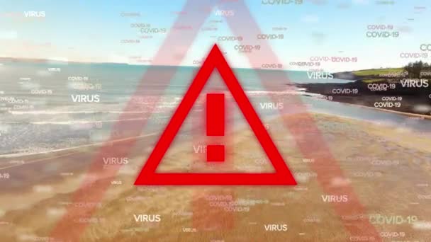 Animazione Segnale Avvertimento Con Parole Virus Covid Galleggiante Una Spiaggia — Video Stock