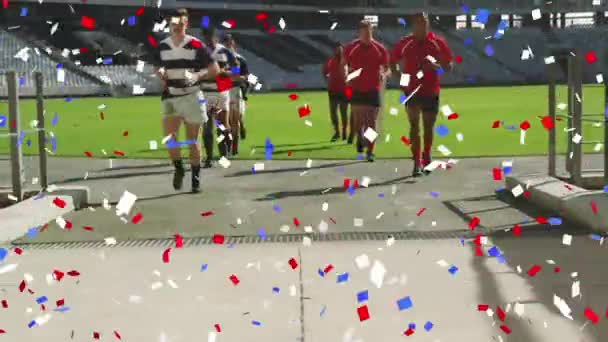 サッカースタジアムから赤 白のコンフェッティが落下する2つの多民族チームのアニメーション — ストック動画