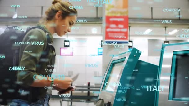 Animering Landsnamn Som Flyter Över Vit Kvinna Med Hjälp Biljettautomat — Stockvideo